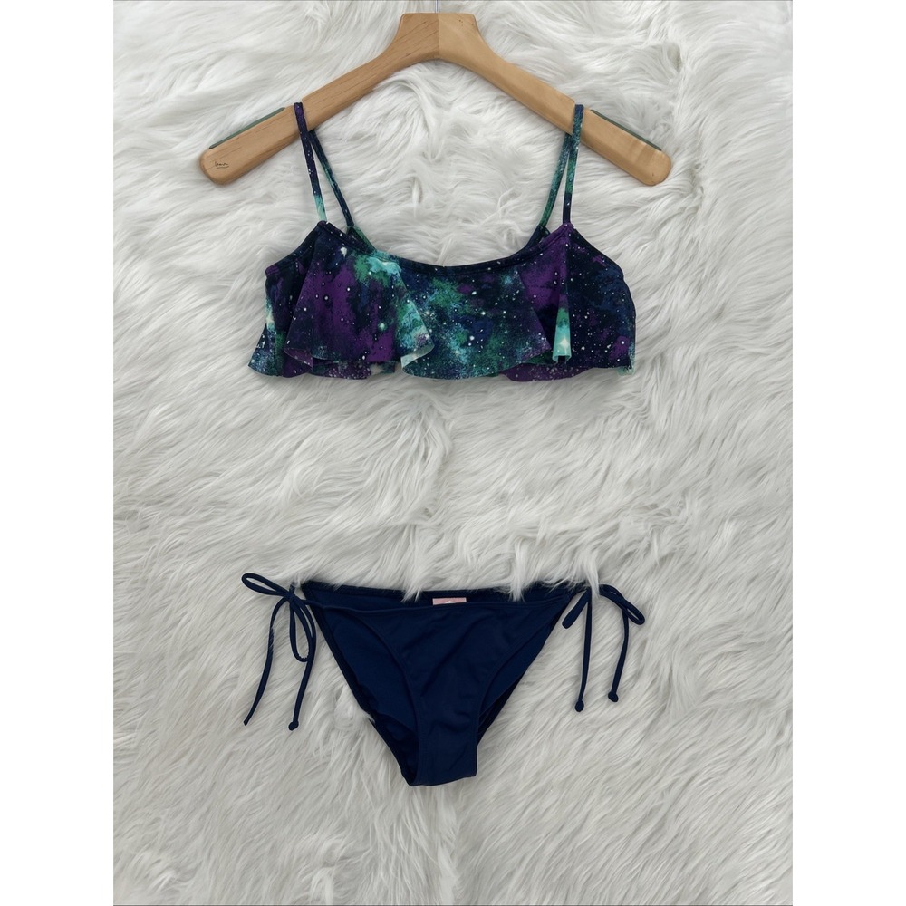 Kirra 2pc S-M Bikini Space Northern Lights Navy Blue Padded Top String Btm #1049